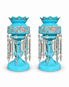 Pair of Turquoise Opaline Glass Mantle Lustres with Crystal Drops
