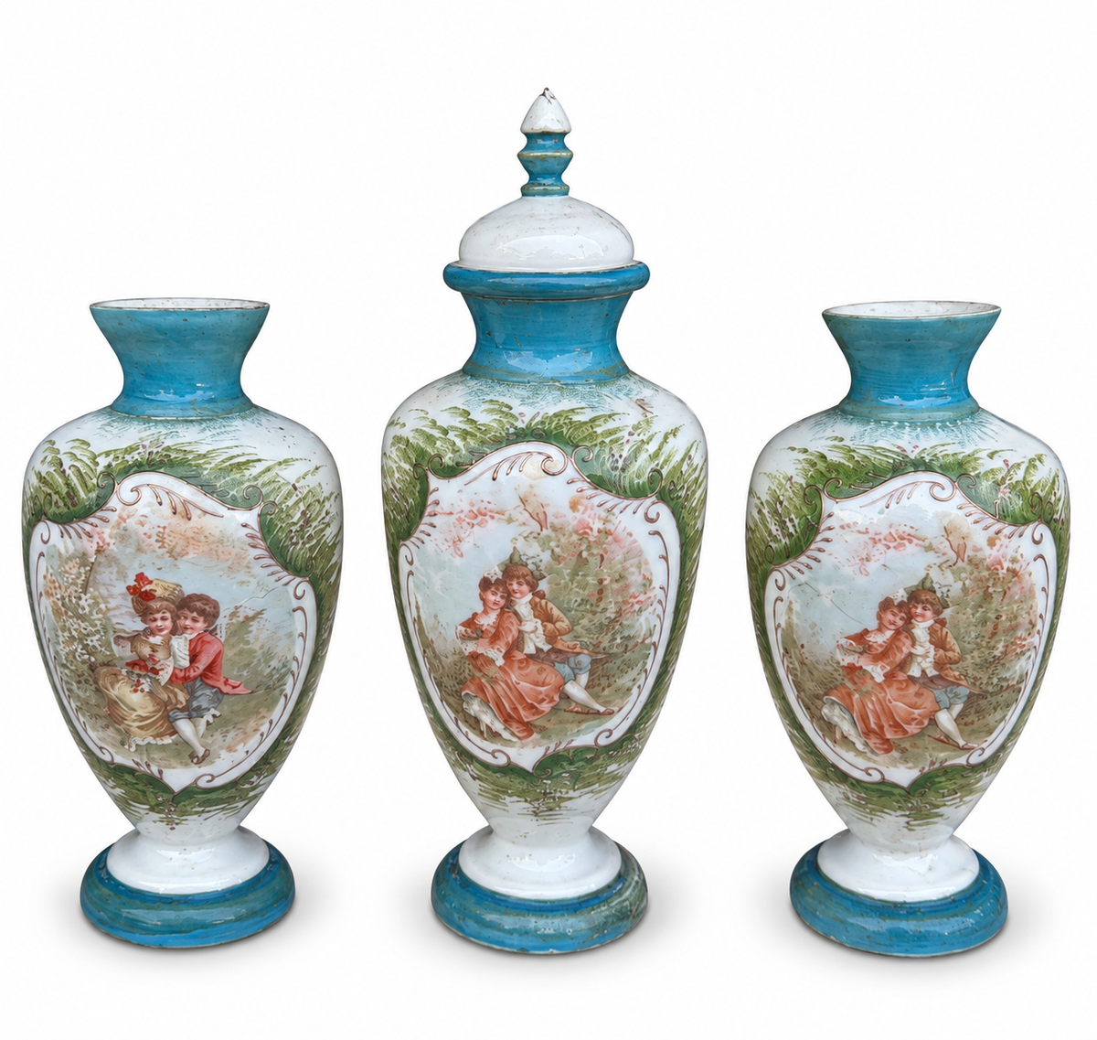 Antique Meissen Porcelain Three Piece Garniture Set with Romantic Courting Scenes