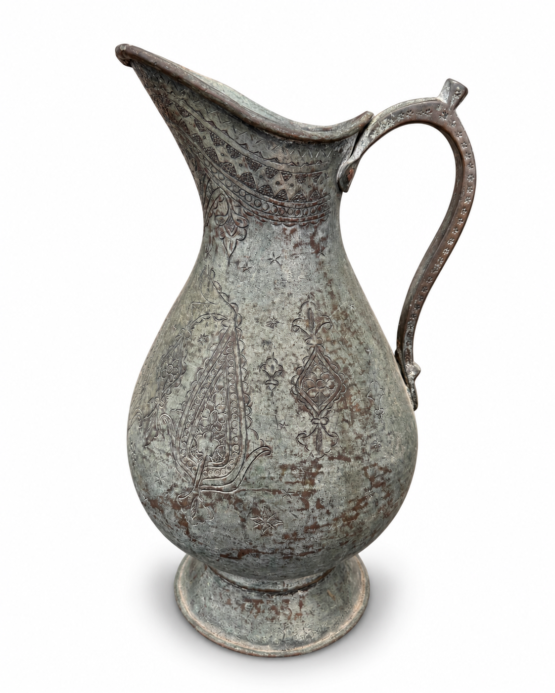 Antique Ottoman Levantine Hand Engraved Copper Ewer, 19th Century