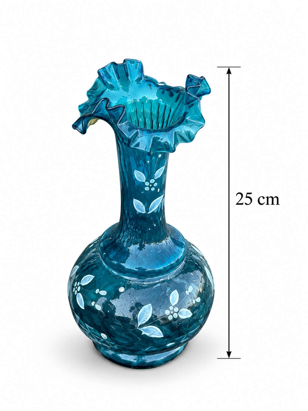 Pair of Antique Turquoise Hand Blown Glass Vases with Ruffled Rims, c. 1890–1920