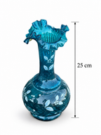 Pair of Antique Turquoise Hand Blown Glass Vases with Ruffled Rims, c. 1890–1920