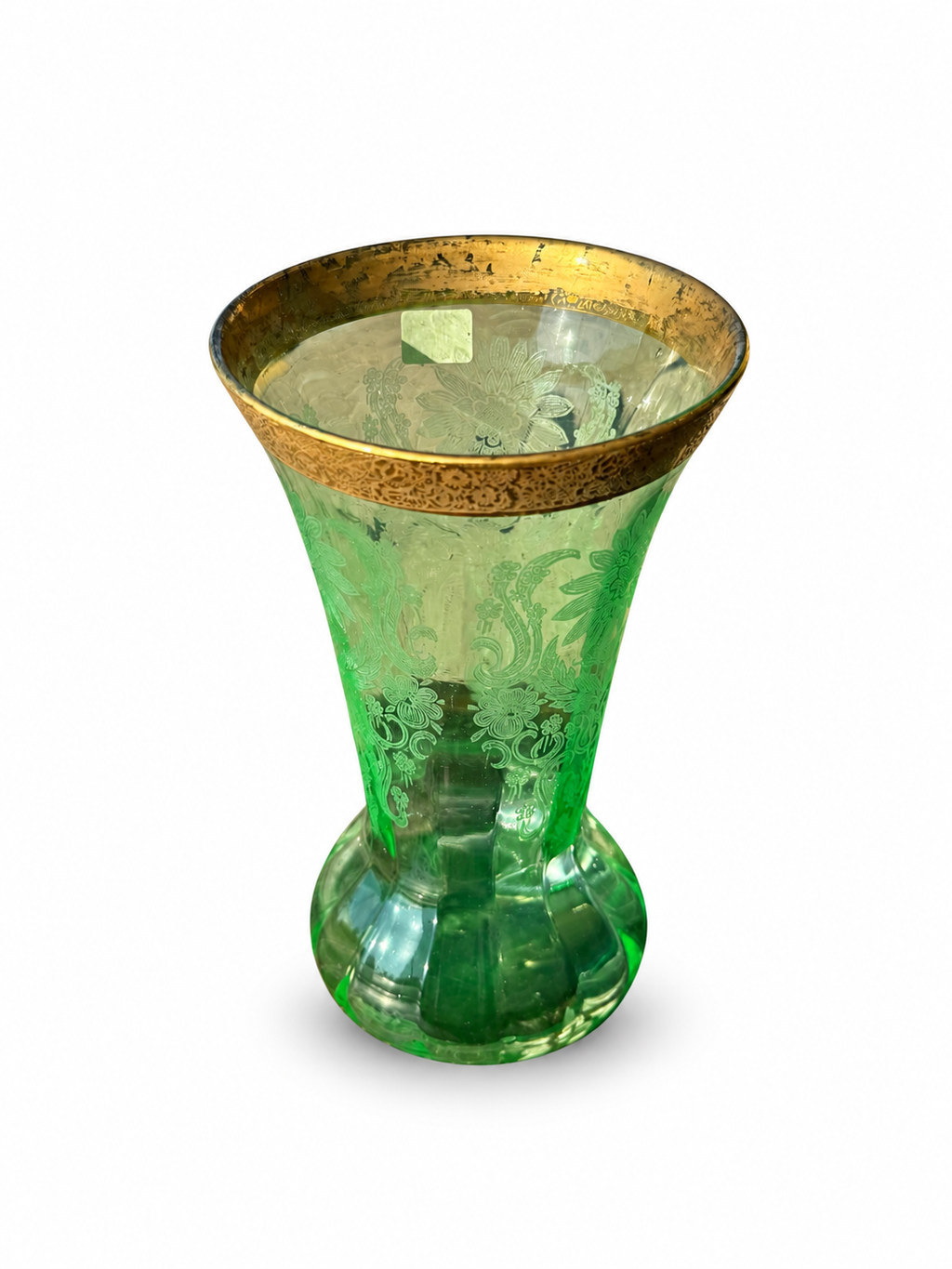 Antique French Uranium Green Glass Vase with Etched Floral Decoration & Gold Rim, c.1900