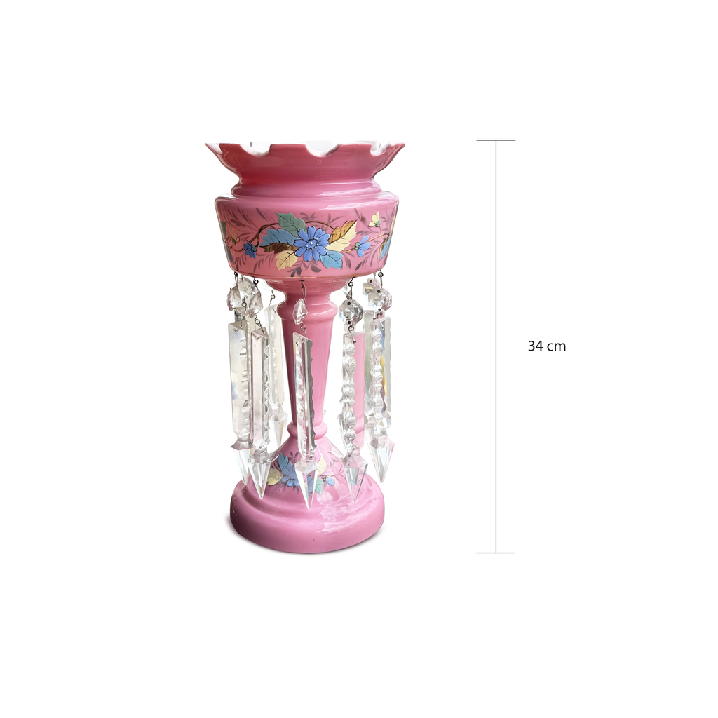Vintage Pink Opaline Glass Lustre with Hand Painted Florals & Crystal Drops