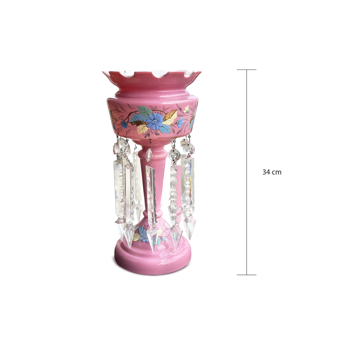Vintage Pink Opaline Glass Lustre with Hand Painted Florals & Crystal Drops