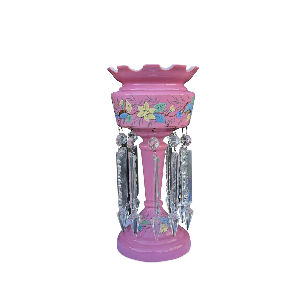 Vintage Pink Opaline Glass Lustre with Hand Painted Florals & Crystal Drops