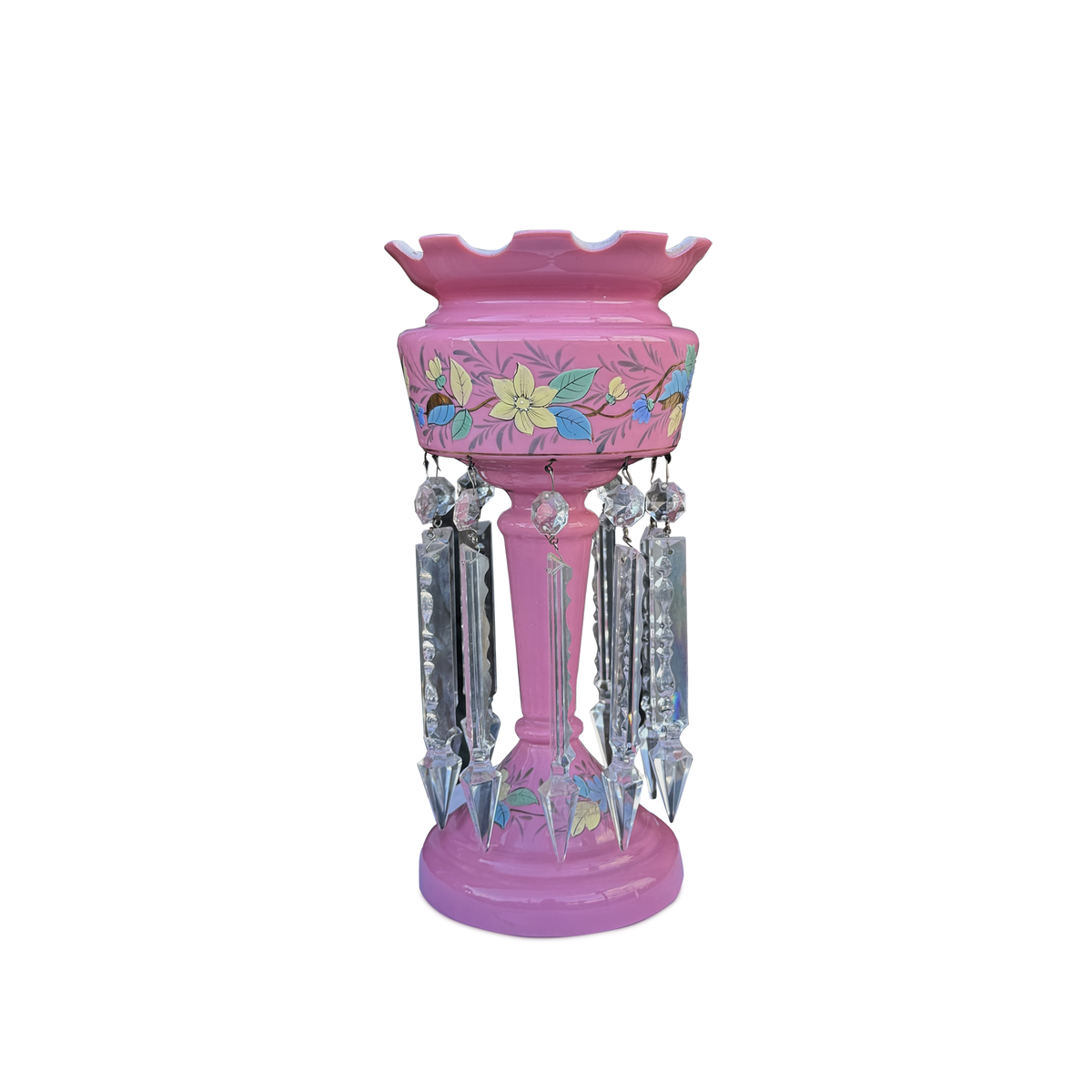 Vintage Pink Opaline Glass Lustre with Hand Painted Florals & Crystal Drops