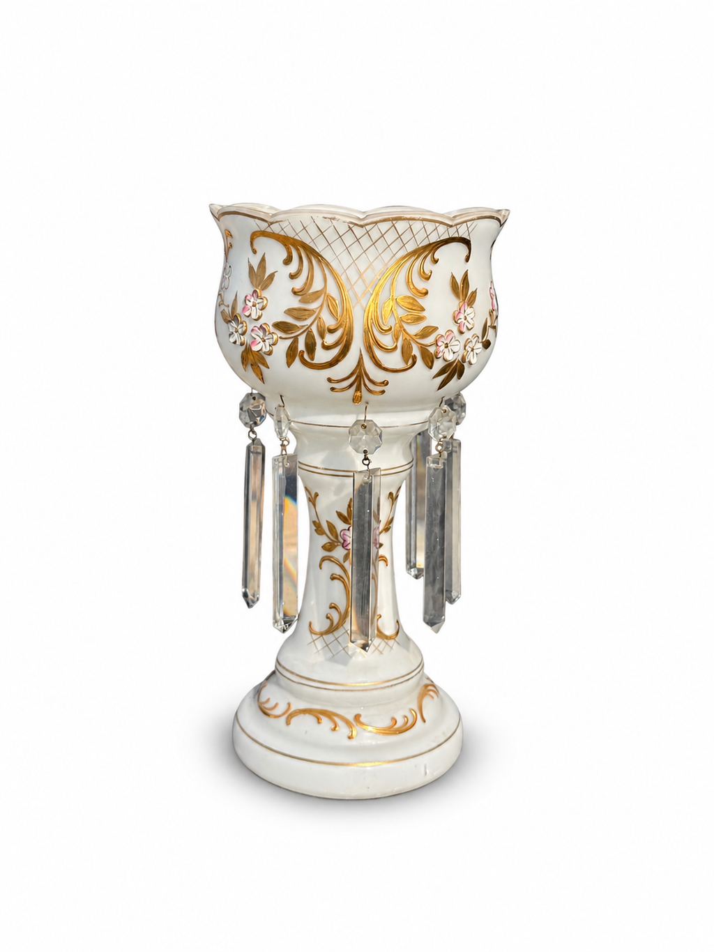 Antique Bohemian White Opaline Glass Lustre with Gilt Decoration & Crystal Prisms