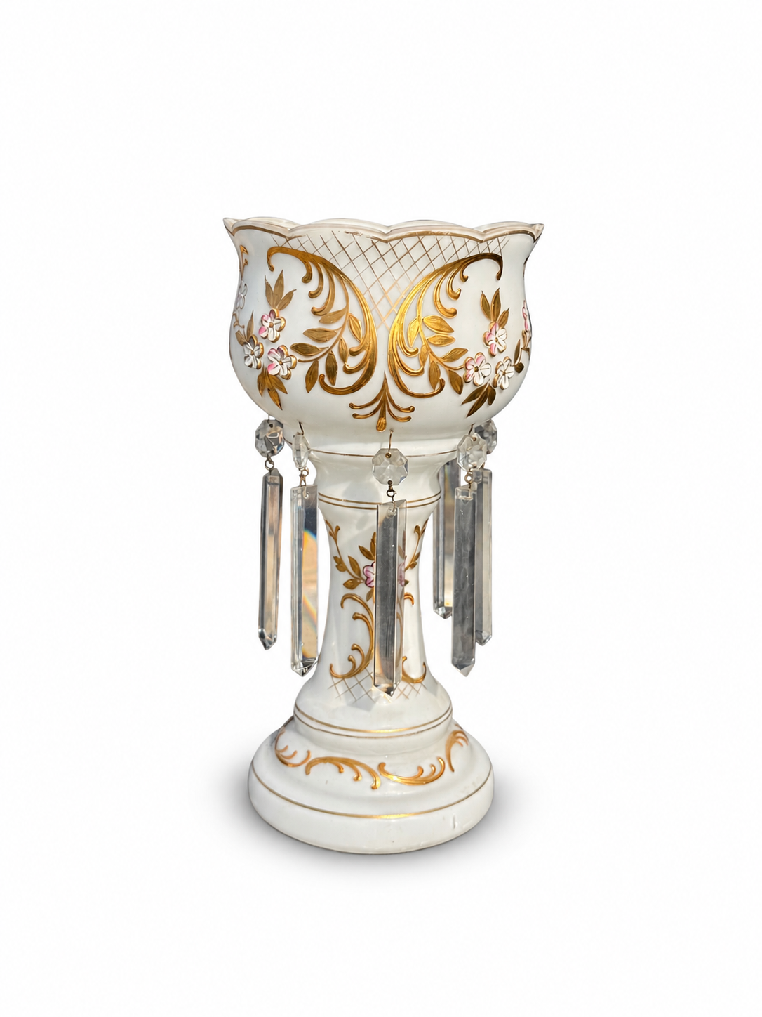 Antique Bohemian White Opaline Glass Lustre with Gilt Decoration & Crystal Prisms