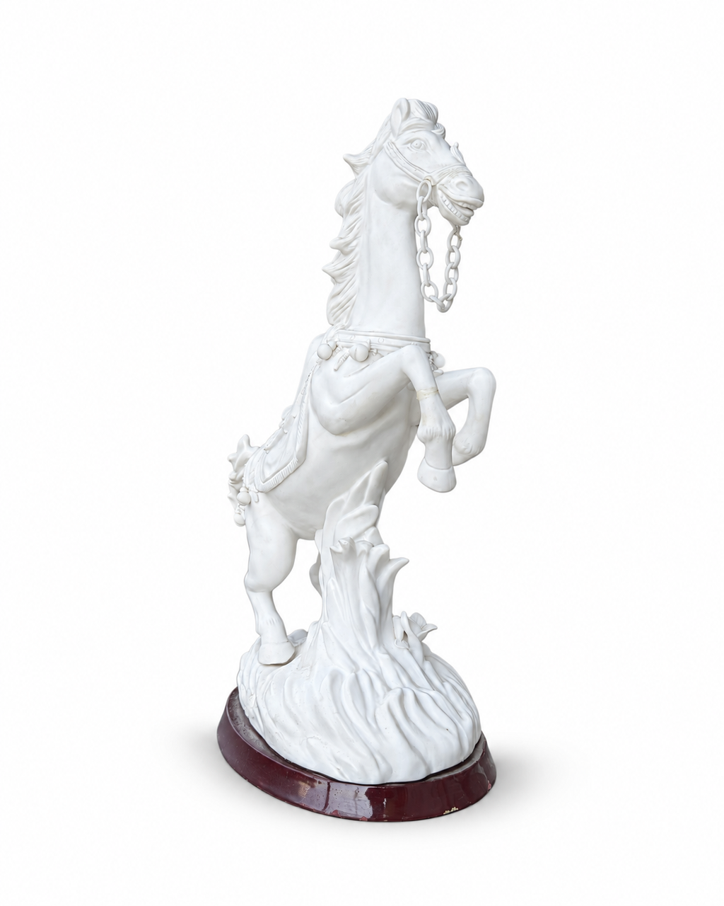 Chinese white porcelain rearing horse sculpture with dimensions, H 33 cm
