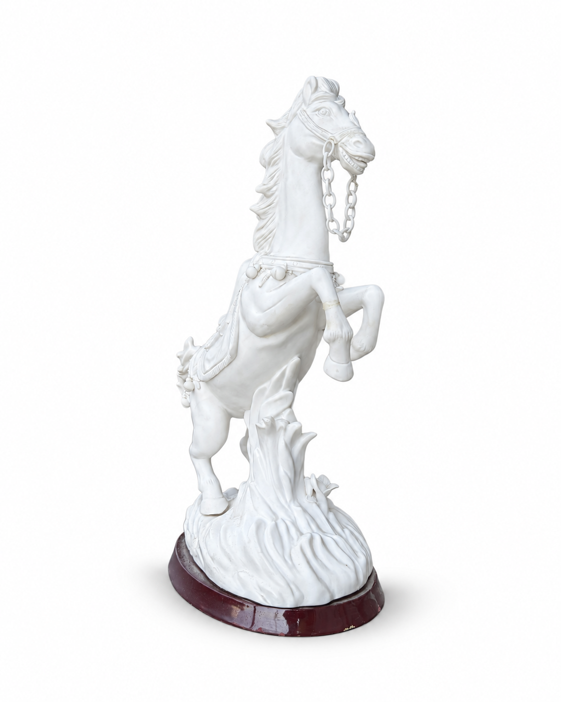 Chinese white porcelain rearing horse sculpture with dimensions, H 33 cm
