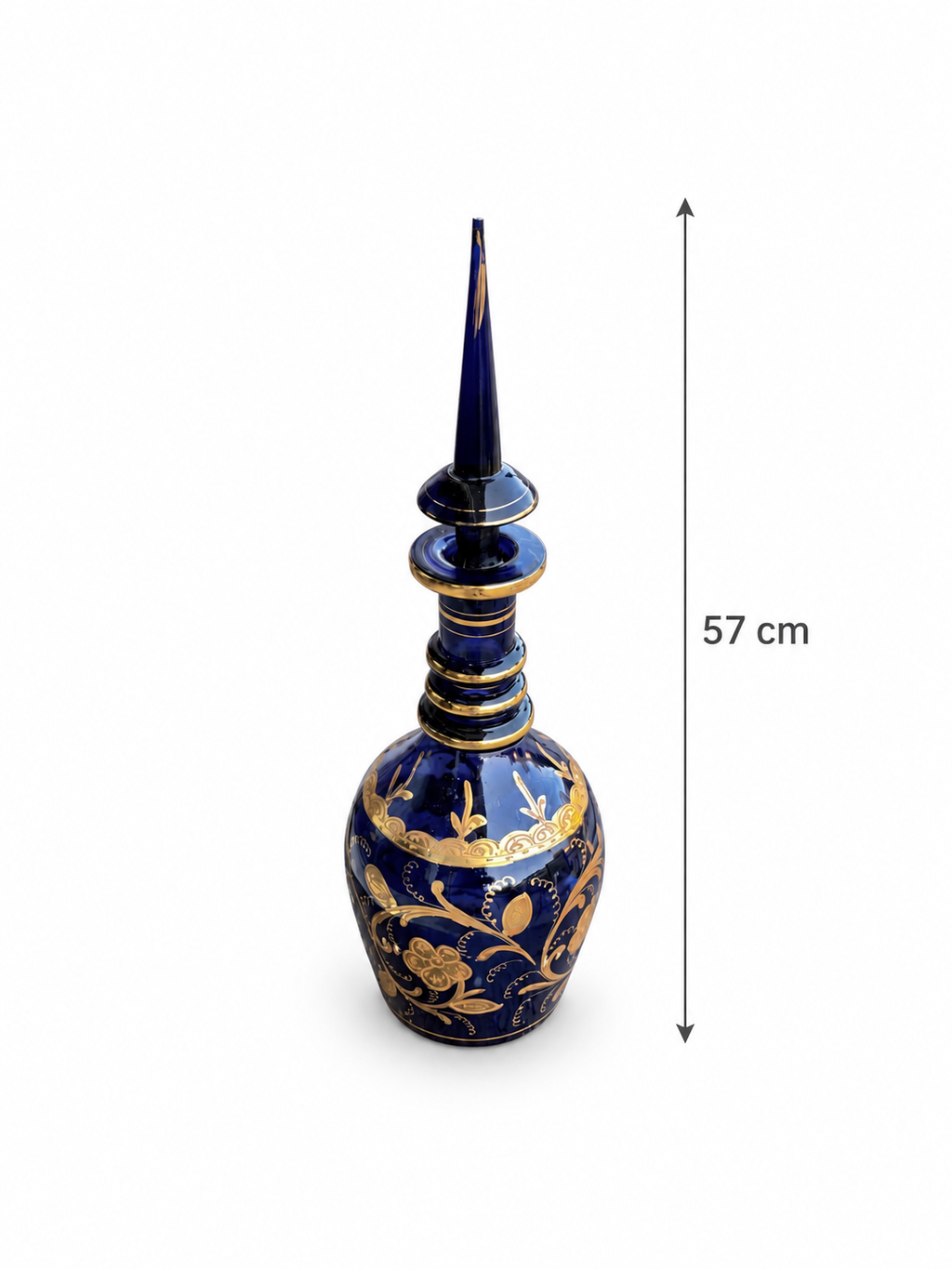 Antique Bohemian Cobalt Blue & Gilt Glass Decanter with Tall Spike Stopper