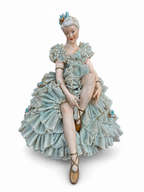 German Volkstedt Porcelain Lace Ballerina Figurine, Seated Dancer