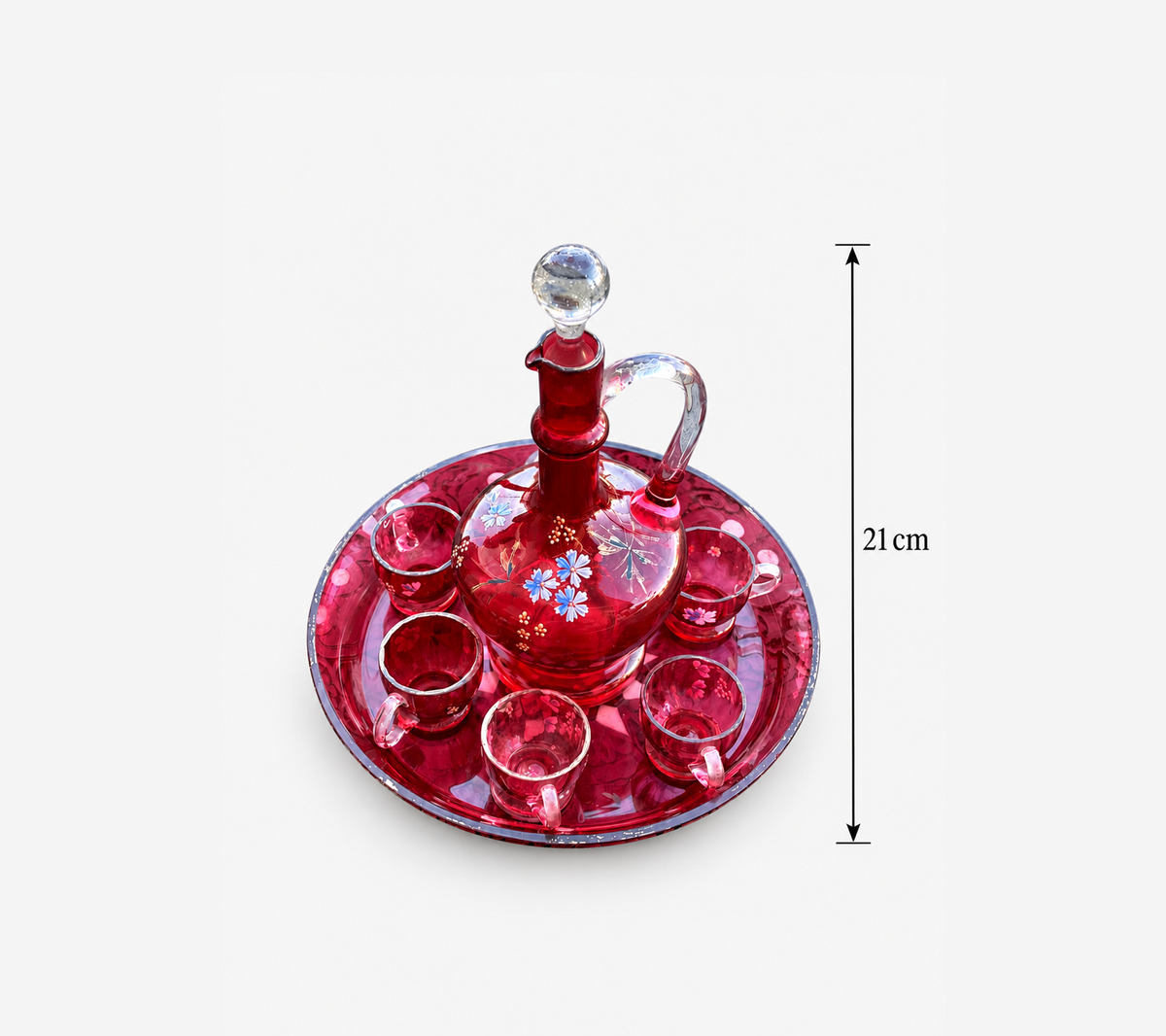 Vintage Ruby Red Verre Soufflé Decanter Set with 6 Cups & Tray