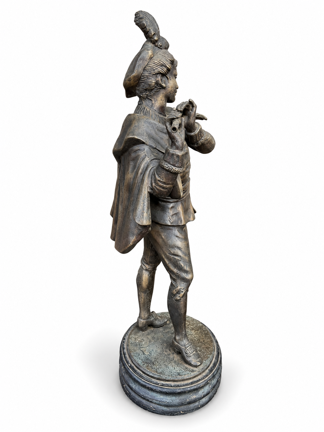 19th Century Bronze Troubadour Flute Player Sculpture, Renaissance Style