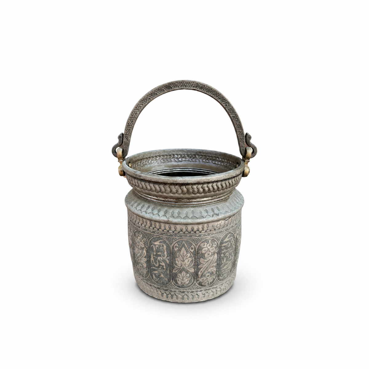 Antique Hand Engraved Tinned Copper Bucket with Decorative Handle