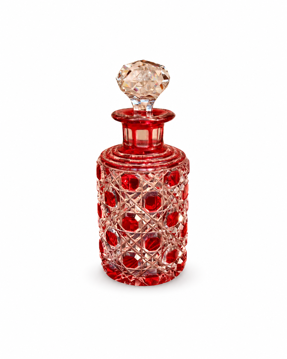 Antique ruby red cut crystal perfume bottle with faceted stopper