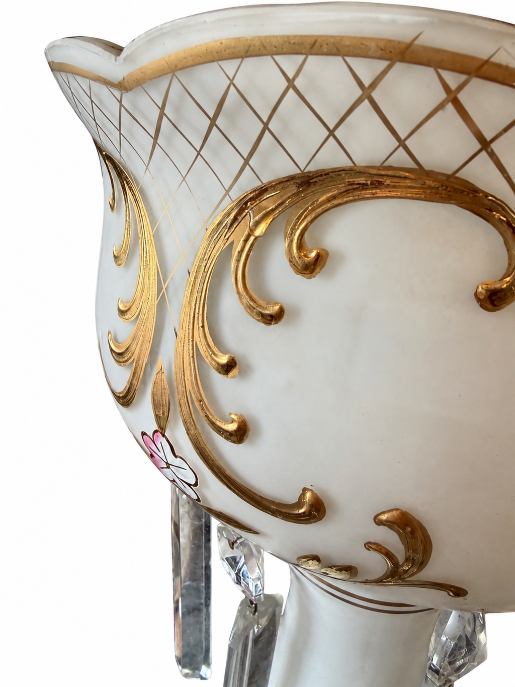 Antique Bohemian White Opaline Glass Lustre with Gilt Decoration & Crystal Prisms