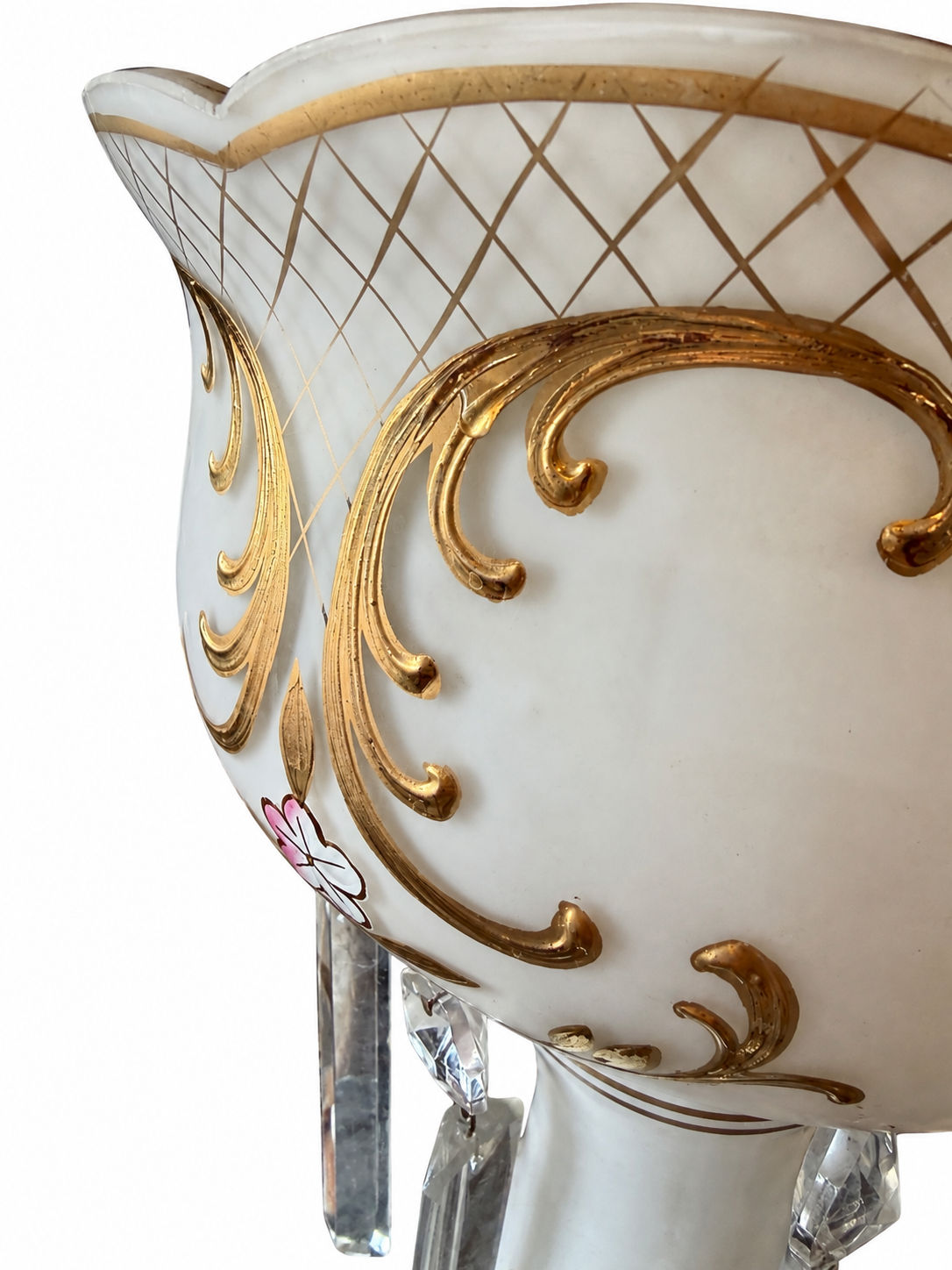 Antique Bohemian White Opaline Glass Lustre with Gilt Decoration & Crystal Prisms