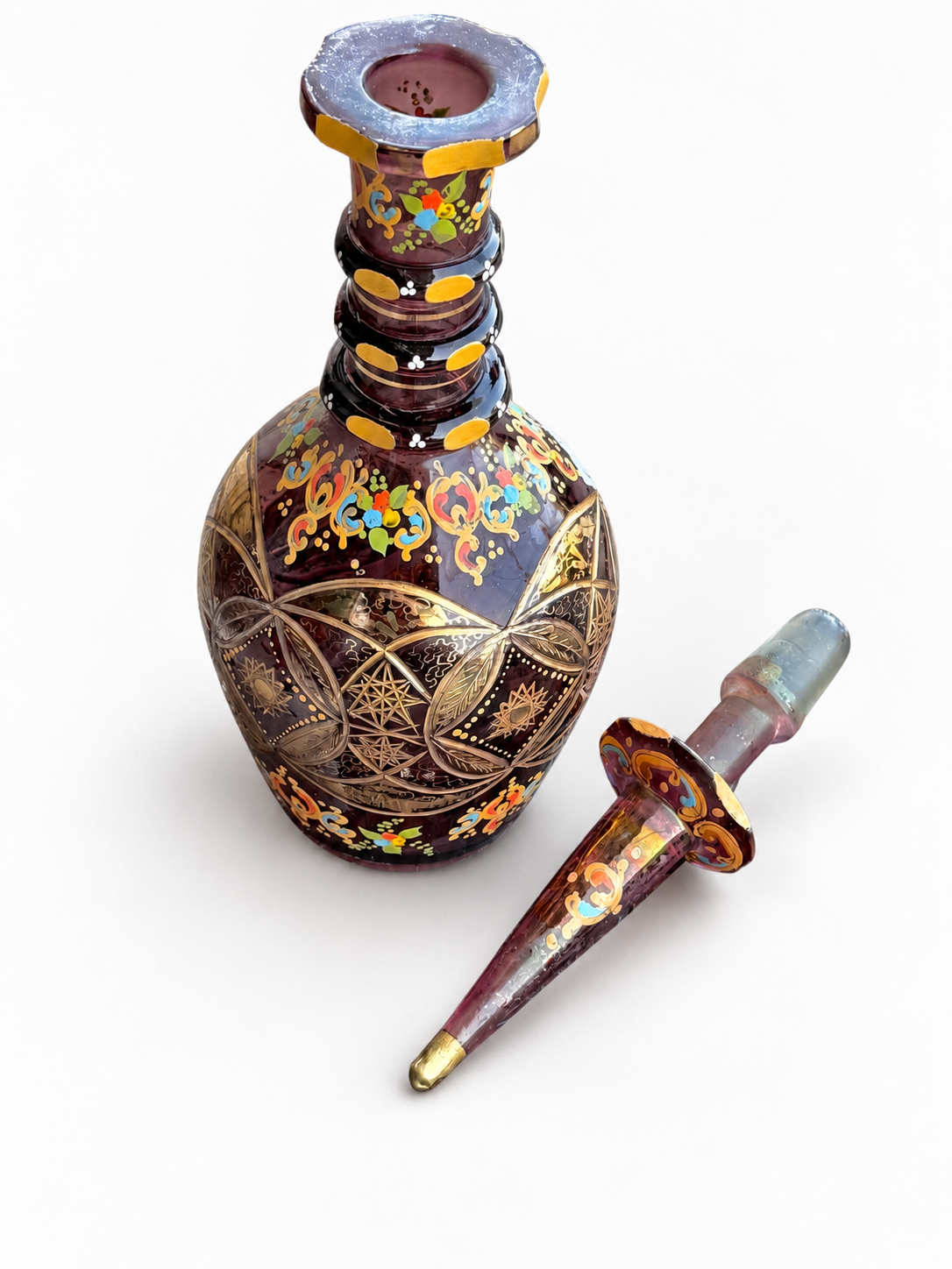 Decorative Amethyst Glass Decanter with Hand Painted Enamel, Gilt & Cut Star Decoration