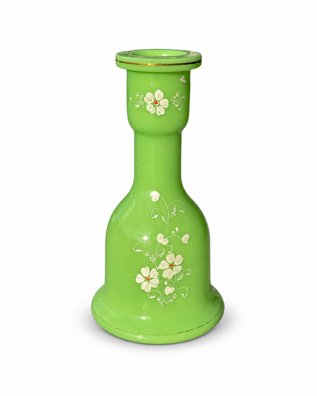 Antique Green Glass Narghileh / Hookah Base with Hand Painted Floral Decoration