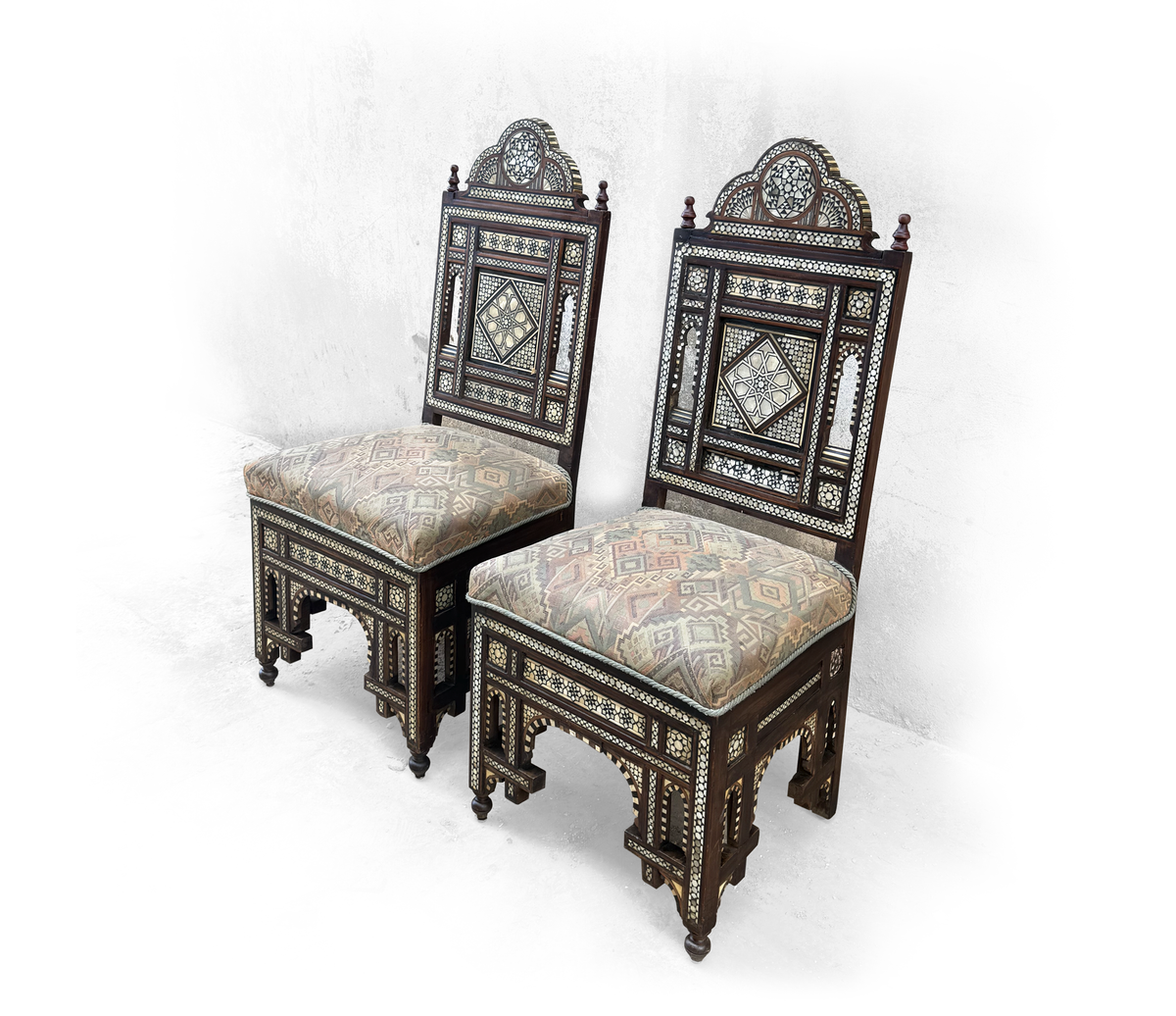 Pair of Antique Damascene Mother of Pearl Inlaid Chairs Syria