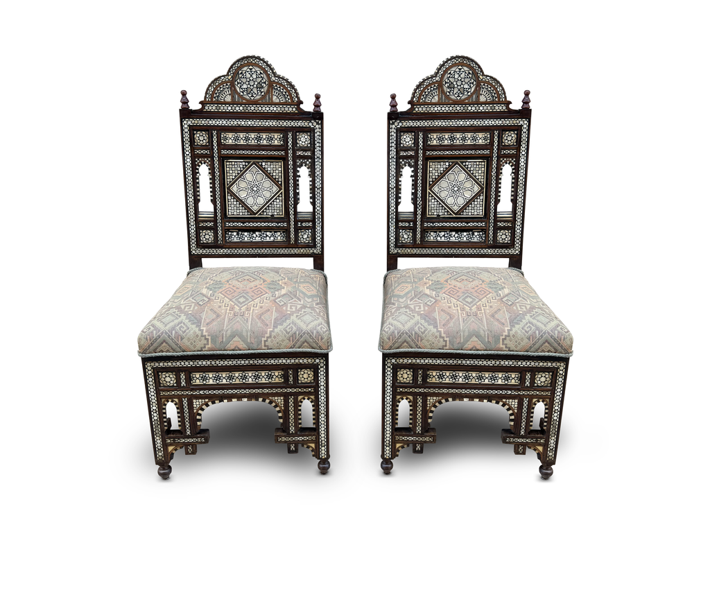 Pair of Antique Damascene Mother of Pearl Inlaid Chairs Syria