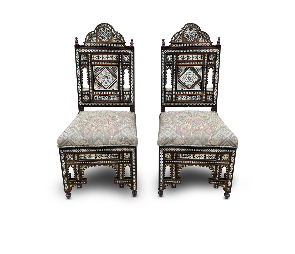 Pair of Antique Damascene Mother of Pearl Inlaid Chairs Syria