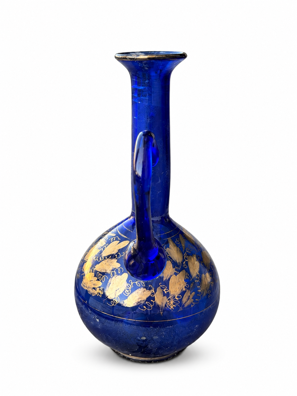 Pair of Antique Persian Cobalt Blue Glass Ewers with Gilt Decoration