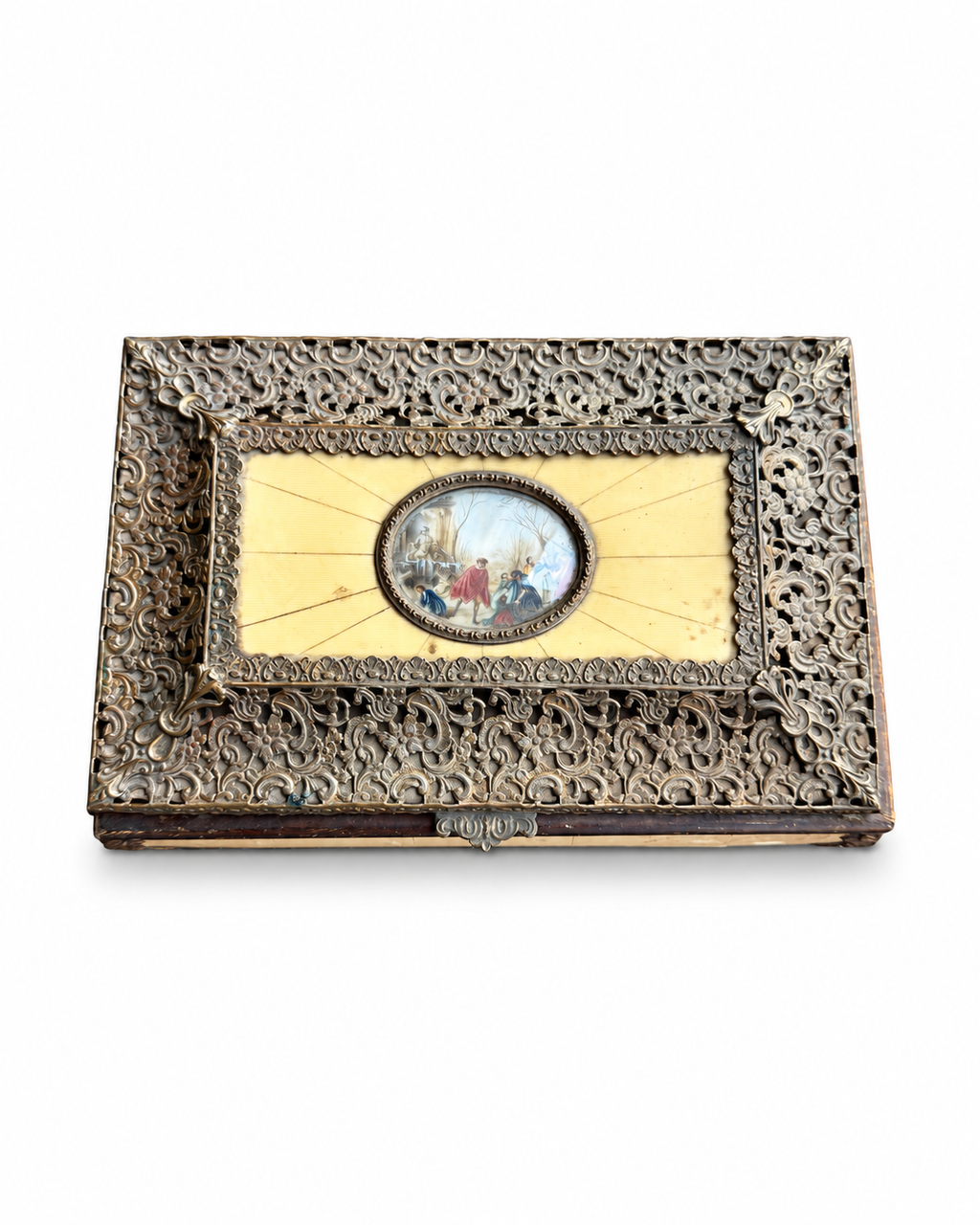 Antique Ornate Jewelry Casket with Miniature Painting & Pierced Metalwork