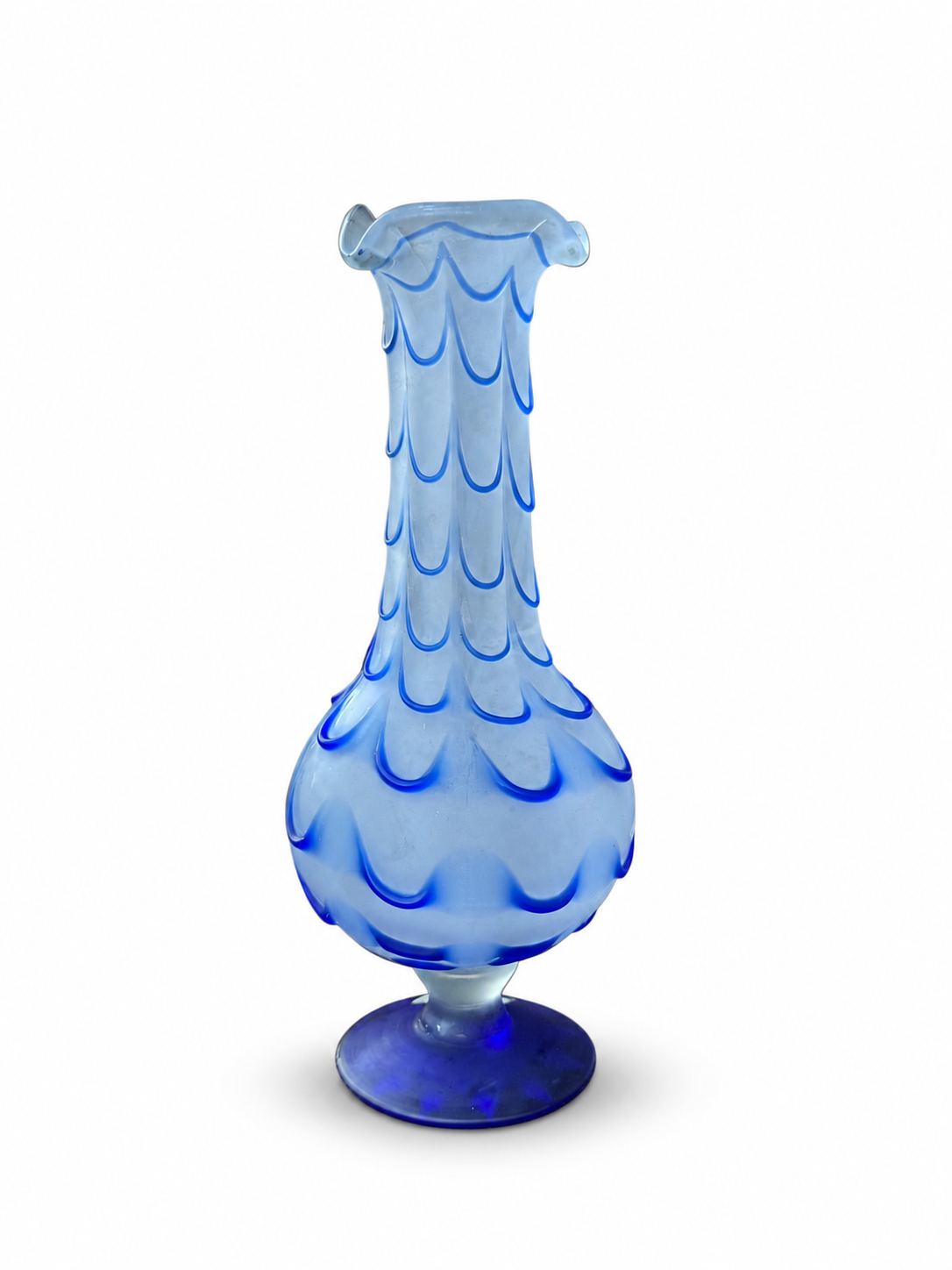 Antique French Opaline Glass Vase with Cobalt Blue Feather Trailing Decoration