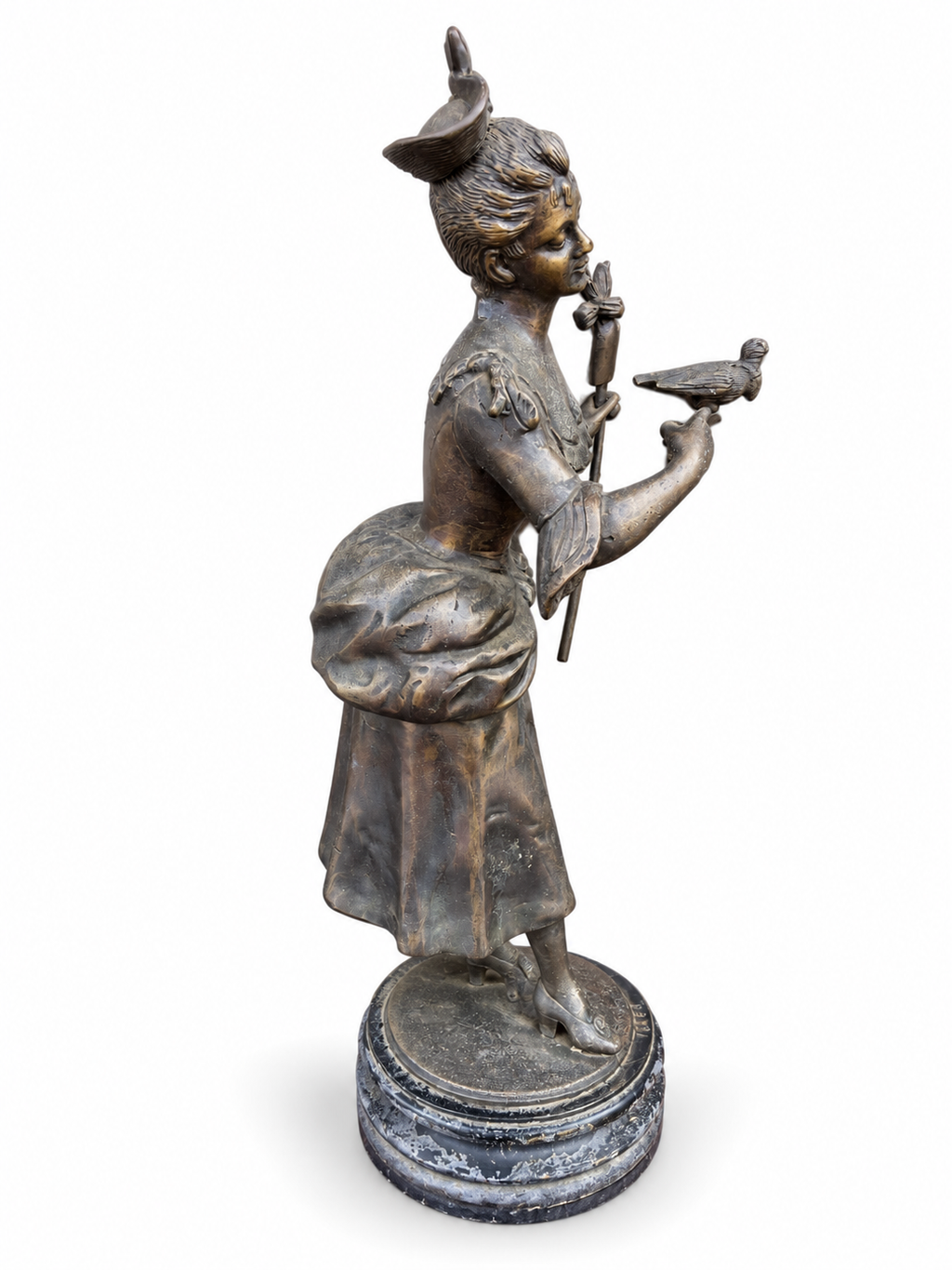 19th Century Bronze Lady Falconer with Bird Sculpture, Rococo Style