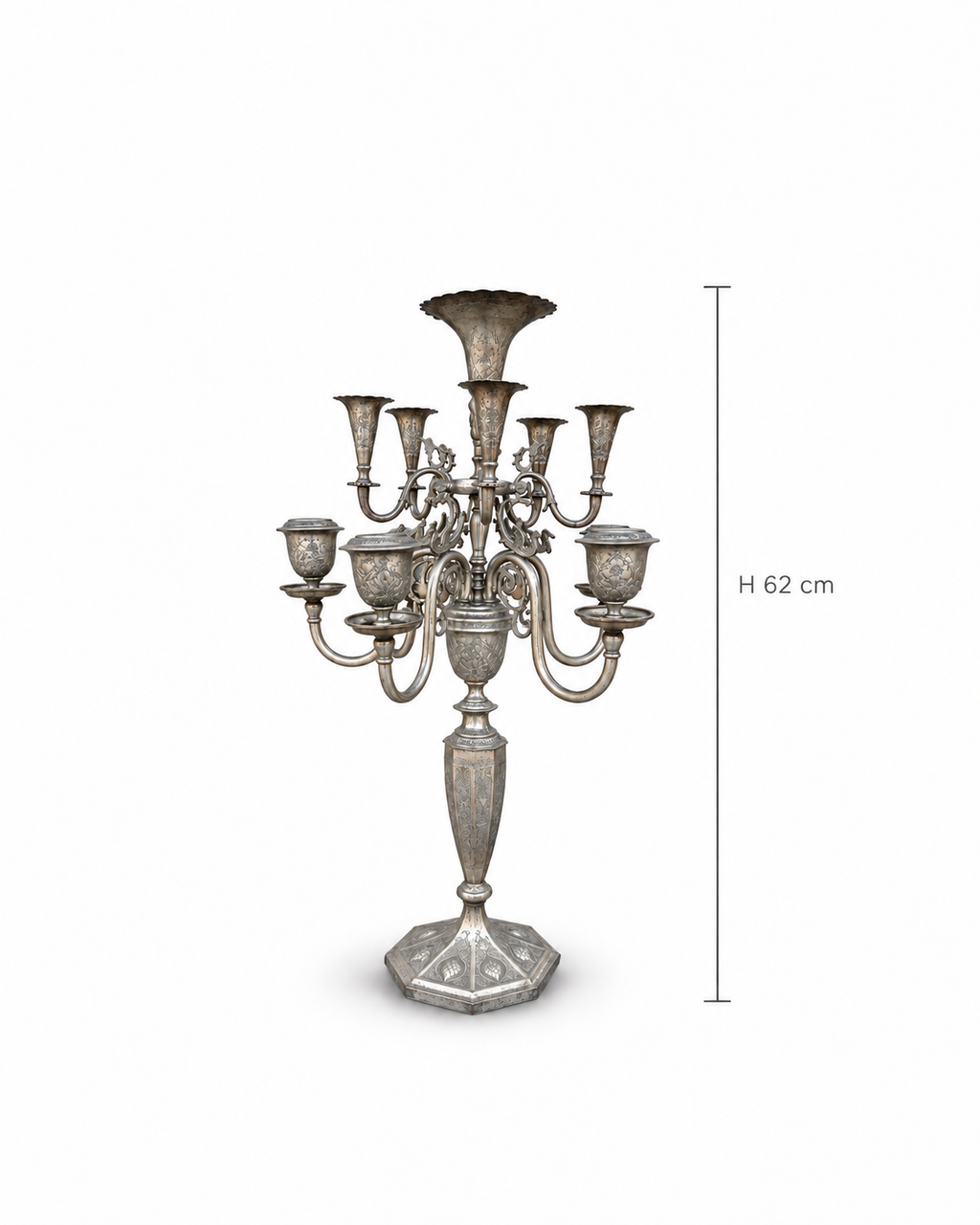 Large Persian Isfahan Hand Engraved Silver Candelabrum. 84 Standard