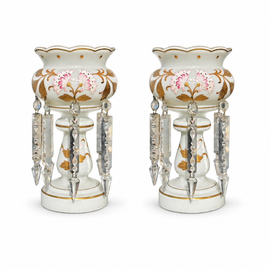 Pair of White Opaline Glass Mantle Lustres with Floral Decoration & Crystal Drops, 31 cm