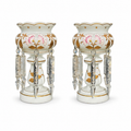 Pair of White Opaline Glass Mantle Lustres with Floral Decoration & Crystal Drops, 31 cm