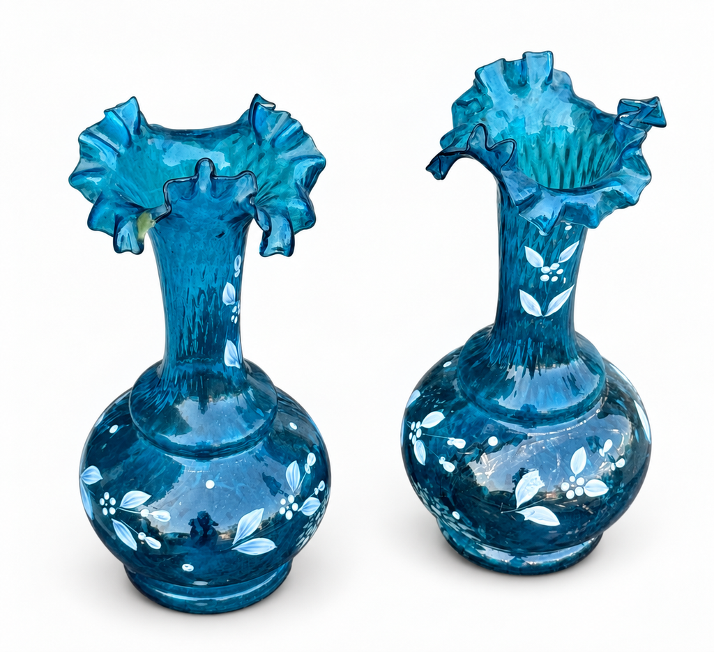 Pair of Antique Turquoise Hand Blown Glass Vases with Ruffled Rims, c. 1890–1920