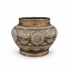 Large Mamluk Revival Silver & Copper Inlaid Brass Vessel