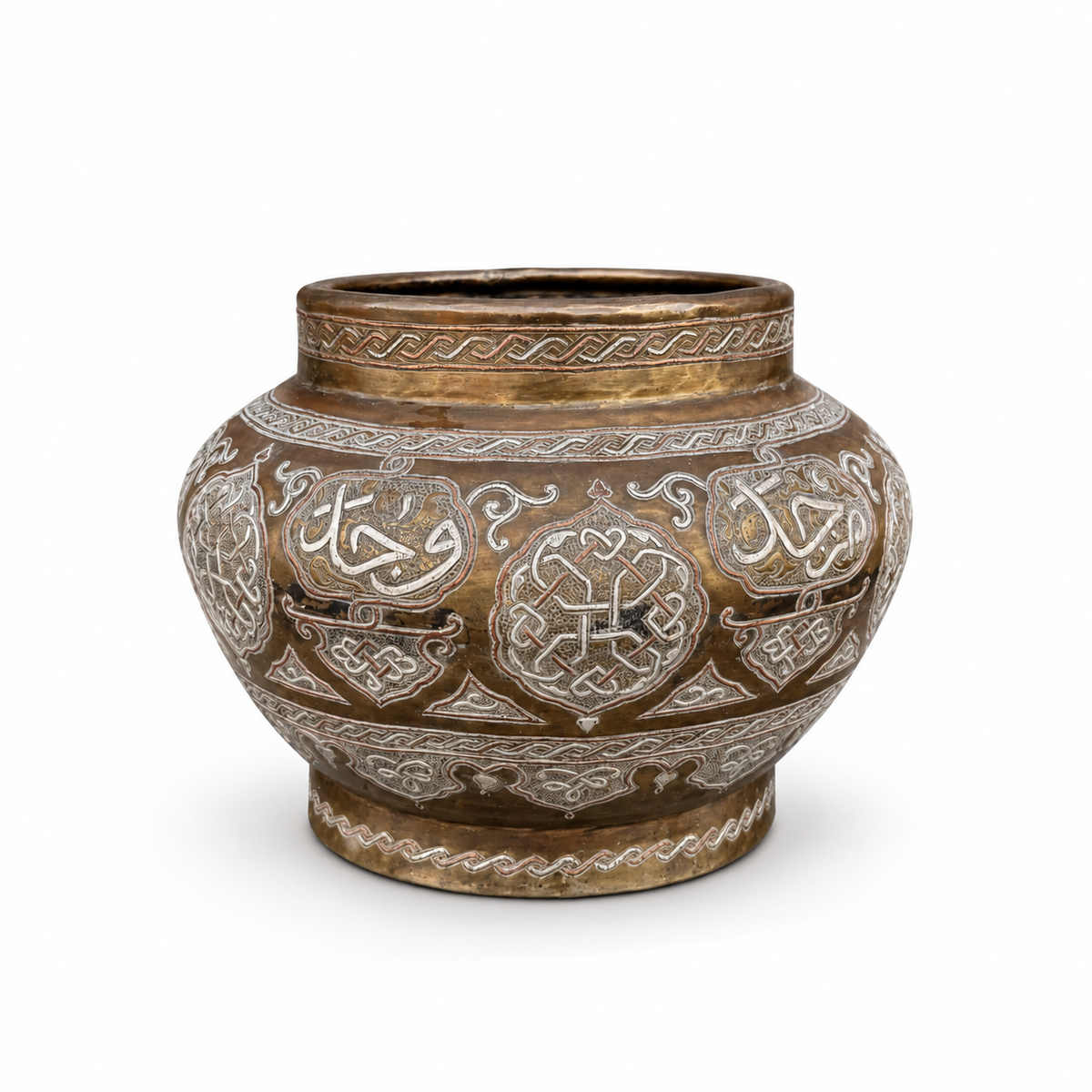 Large Mamluk Revival Silver & Copper Inlaid Brass Vessel