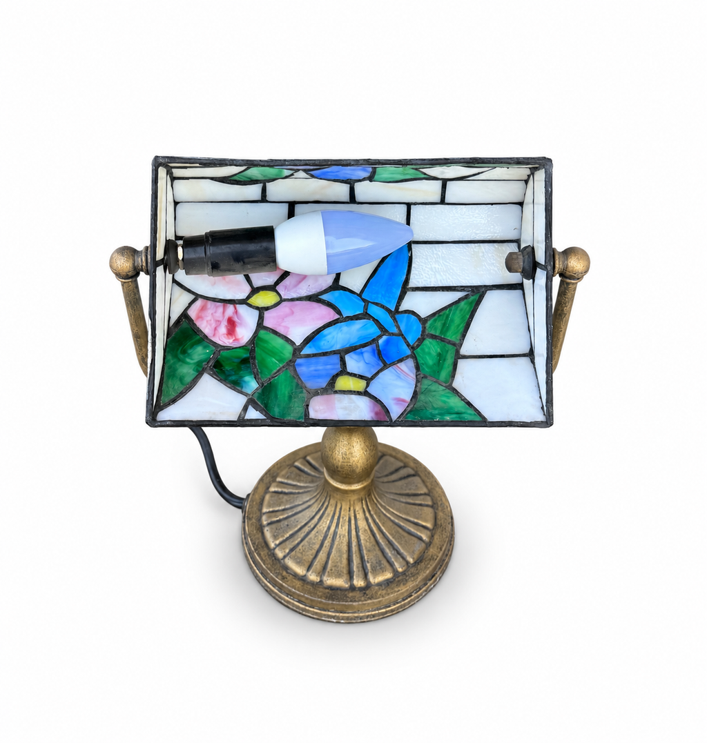 Pair of Vintage Tiffany Style Hummingbird Stained Glass Banker Lamps