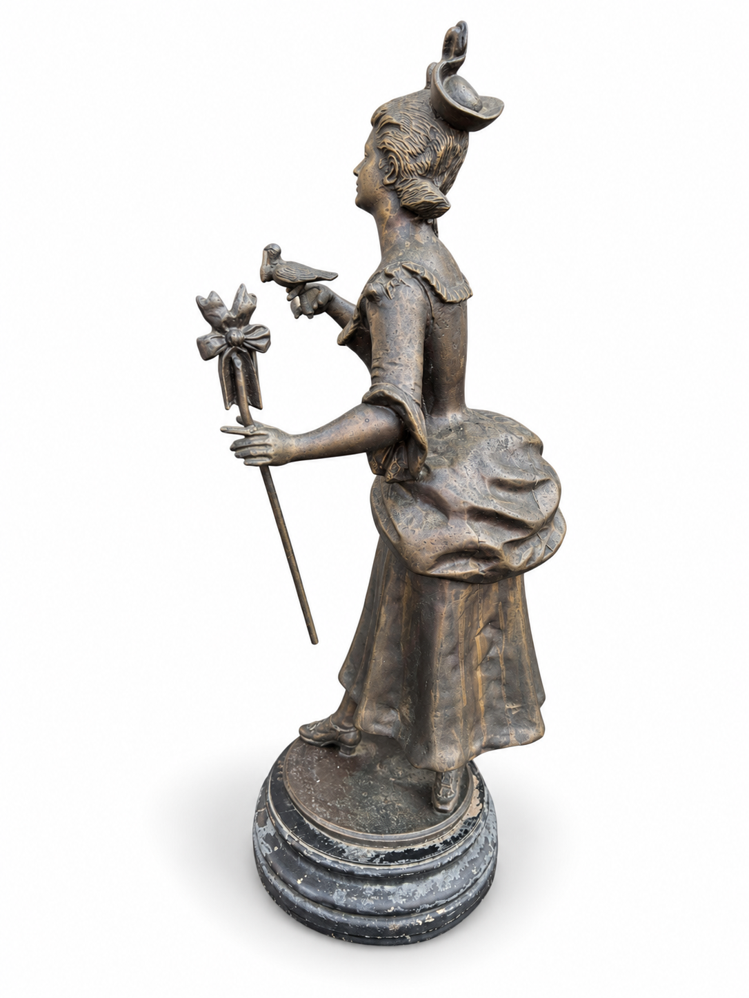 19th Century Bronze Lady Falconer with Bird Sculpture, Rococo Style