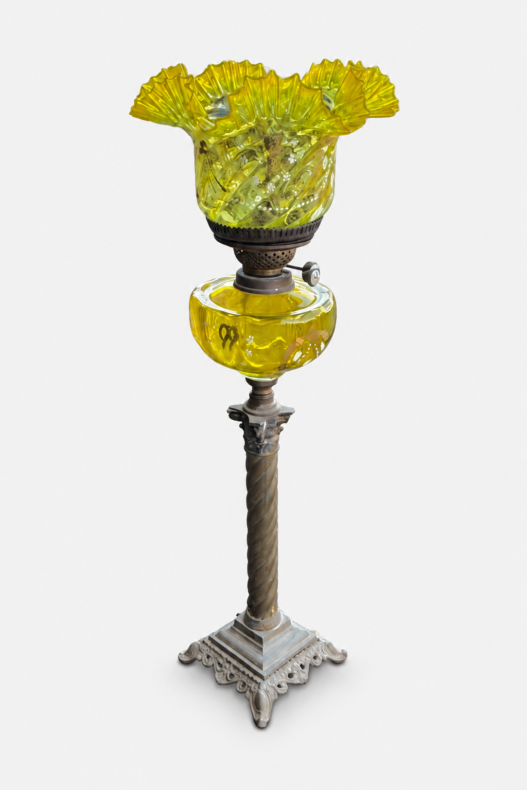 Victorian Uranium (Vaseline) Glass Oil Lamp on Corinthian Column Stand