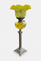 Victorian Uranium (Vaseline) Glass Oil Lamp on Corinthian Column Stand