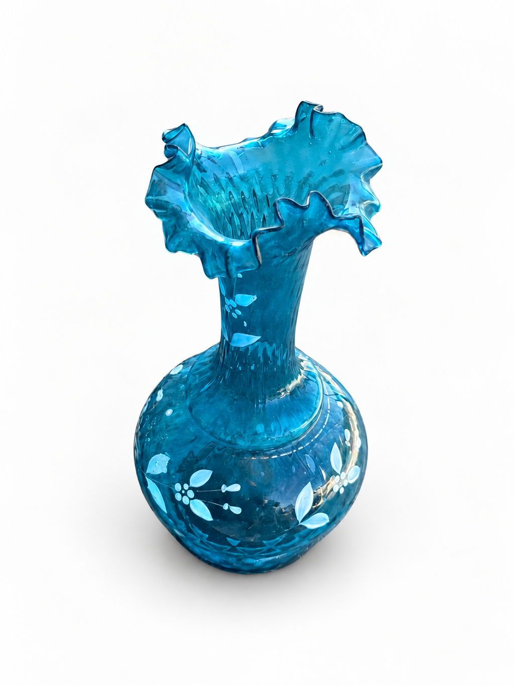 Pair of Antique Turquoise Hand Blown Glass Vases with Ruffled Rims, c. 1890–1920