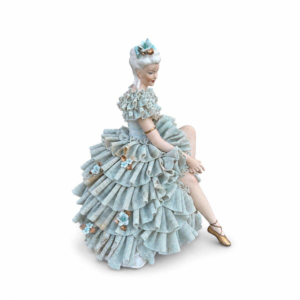 German Volkstedt Porcelain Lace Ballerina Figurine, Seated Dancer