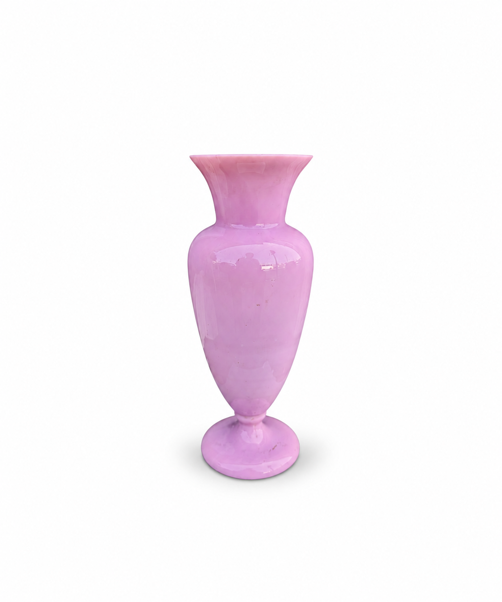 Antique Pink Opaline Glass Vase with Hand Painted Floral Decoration