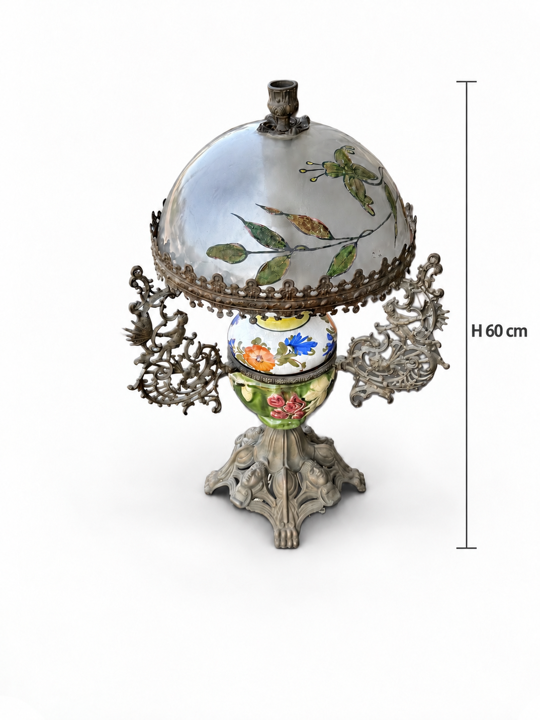 Vintage Ornate Floral Ceramic & Figural Metal Parlor Lamp Electrified. 60 cm