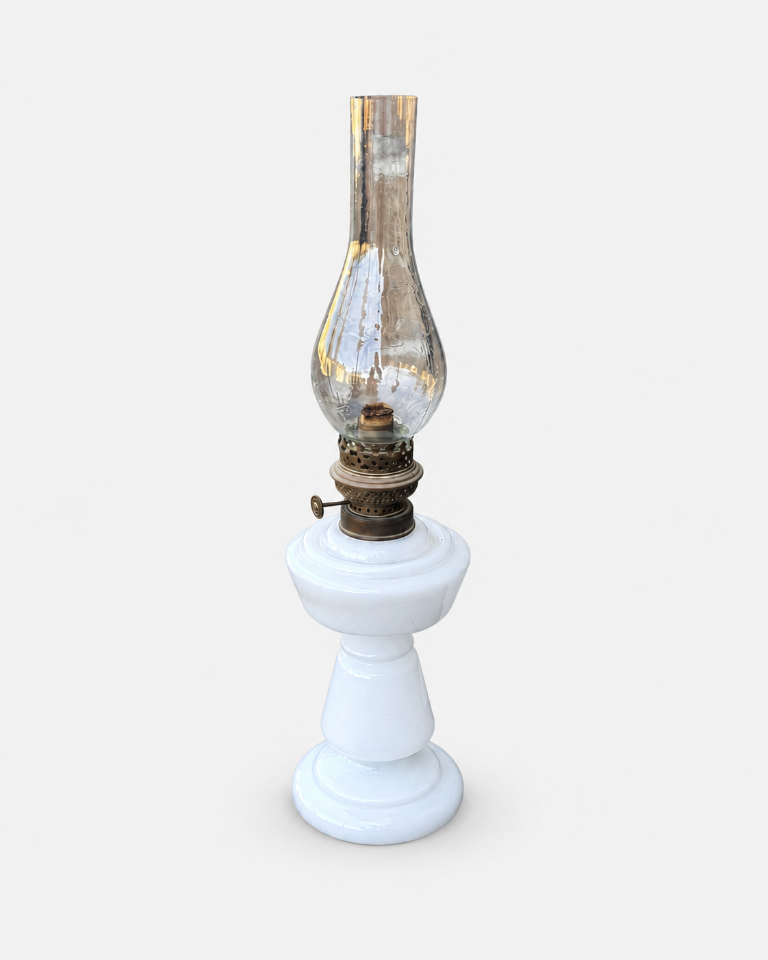 Antique French white opaline glass oil lamp 60 cm, side view