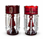 Pair of Bohemian ruby glass mantel lustres with crystal prisms