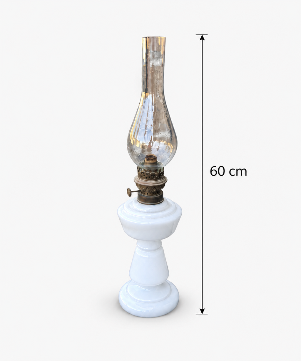Antique French white opaline glass oil lamp 60 cm height with dimension marking