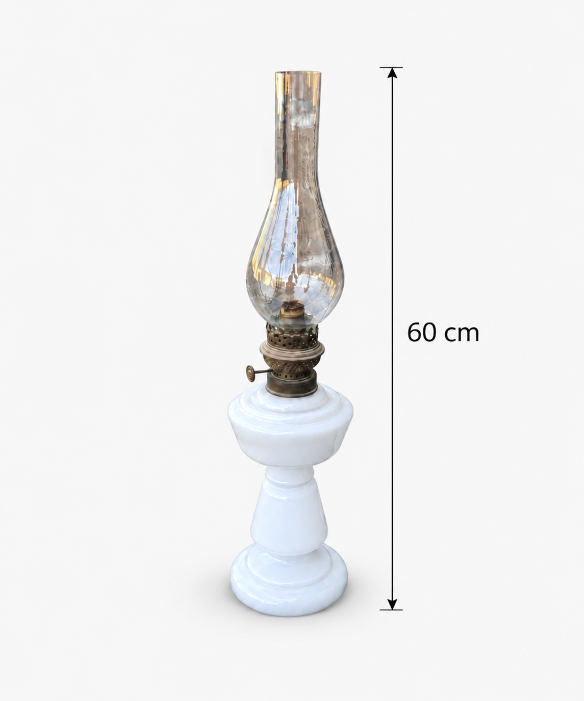 Antique French white opaline glass oil lamp 60 cm height with dimension marking