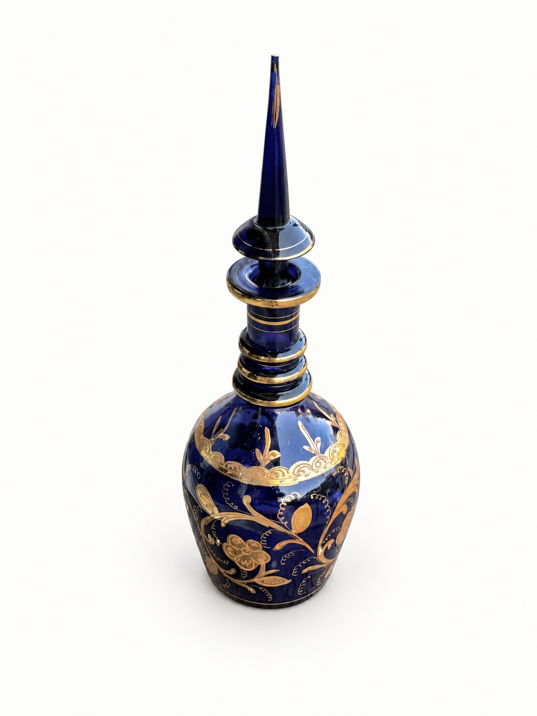 Antique Bohemian Cobalt Blue & Gilt Glass Decanter with Tall Spike Stopper